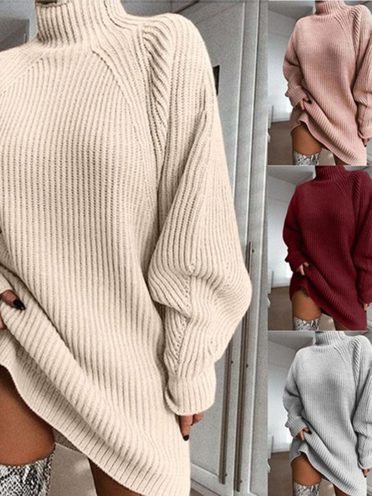 Women Turtleneck Oversized 
-Knitted Dress 
-Solid Long
-Sleeve Casual 
-Elegant