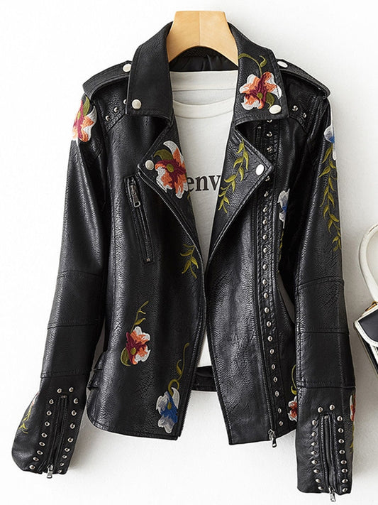 Retro Floral Print Embroidery 
-Faux Soft Leather Jacket 
-Collar "Pu" 
-Punk Outerwear